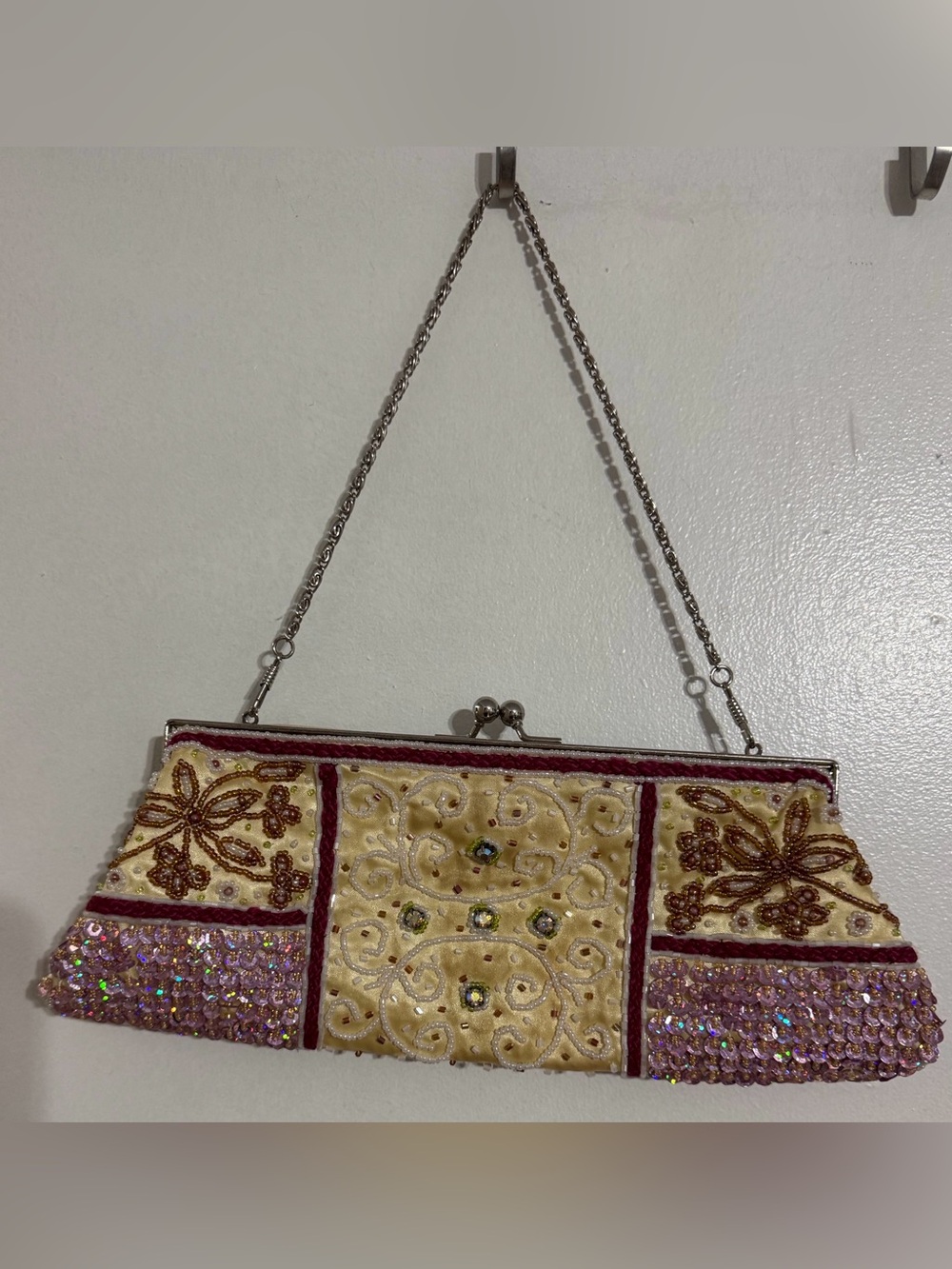 Kathy Van Zeeland Embellished Cream & Pink Beaded Evening Bag